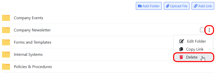 Delete Folder menu item on company documents