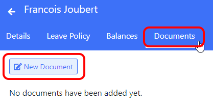 New Document button on employee documents