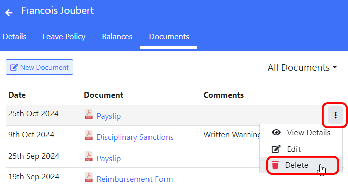 Delete menu item on employee documents