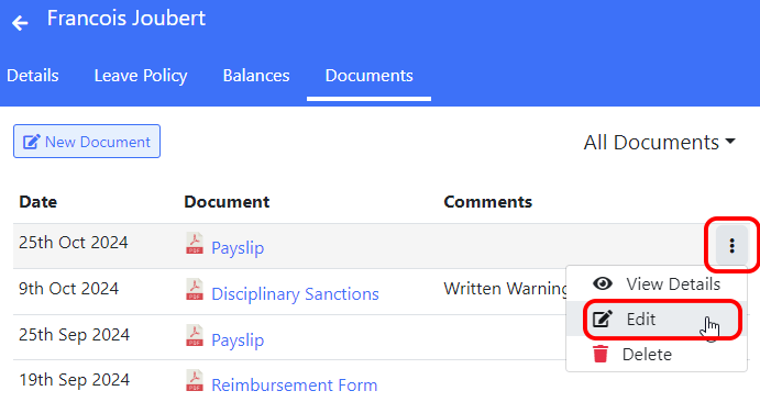 Edit menu item on employee documents